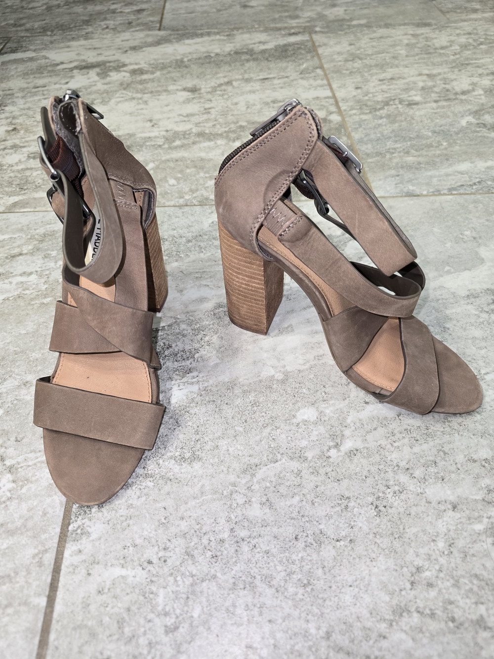 Steve Madden Taupe Suede Strappy Block Heel Sandals